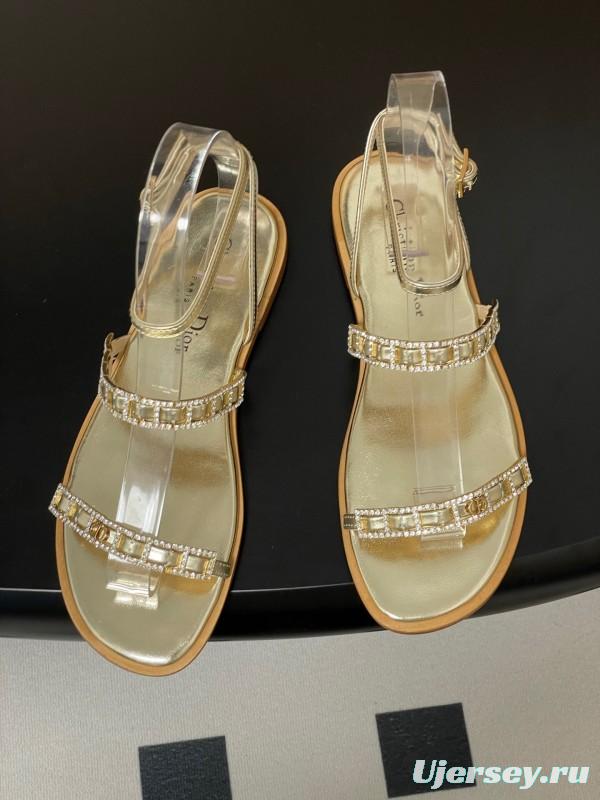 2025 Women Dior Gold Leather Sandals Crystal Embellishment