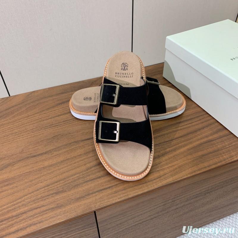 2025 Unisex Brunello Cucinelli Black Suede Leather Slippers KFY00250