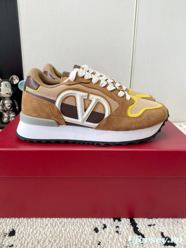 2025 Unisex Valentino Beige Brown Yellow Suede Silk Cow Leather Sneakers LY00340