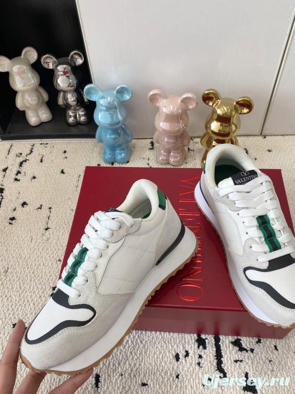 2025 Unisex Valentino White Green Leather Silk Sneakers LY00340