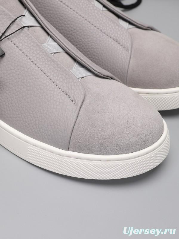 2024 Men Ermenegildo Zegna Light Grey Leather Suede Low Top Sneakers MJ00240