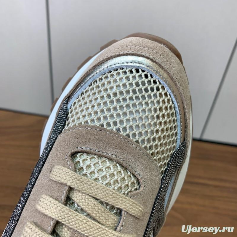 2025 Unisex Brunello Cucinelli Beige Black Mesh Suede Sneakers