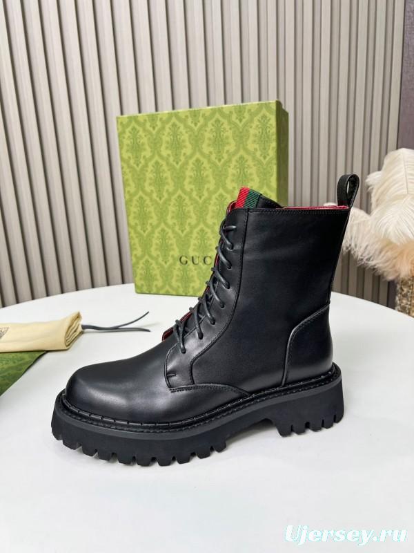2024 Women Gucci Black Leather Lace-Up Combat Boots Red Green Web MJ00340