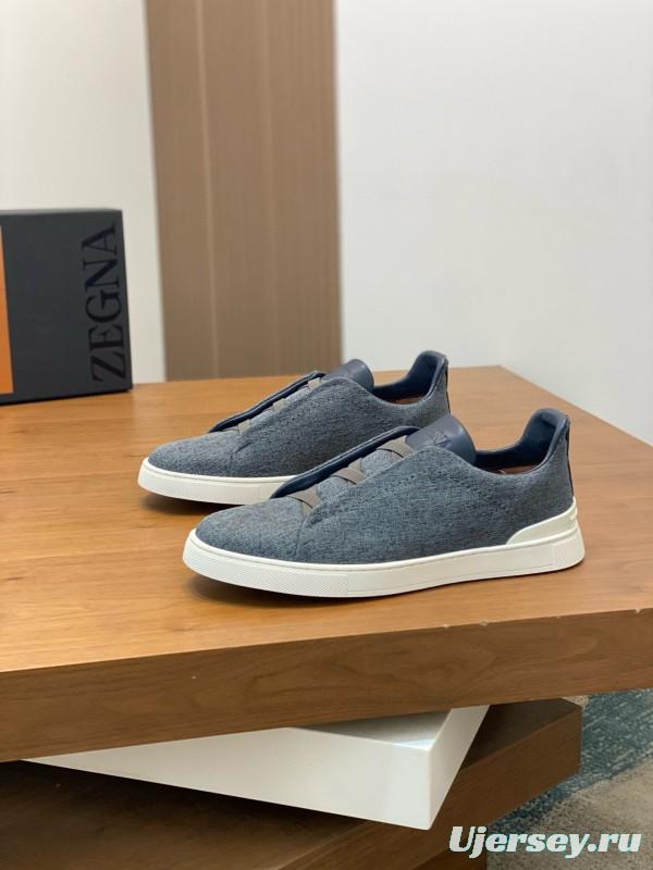 2024 Unisex Ermenegildo Zegna Grey Blue Pelletessuta Calfskin Sneakers Stretch Detail MJ00280