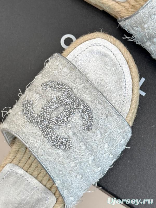 2025/Women Chanel White Lace Espadrille Slides Handmade Craft KFY00240(F)