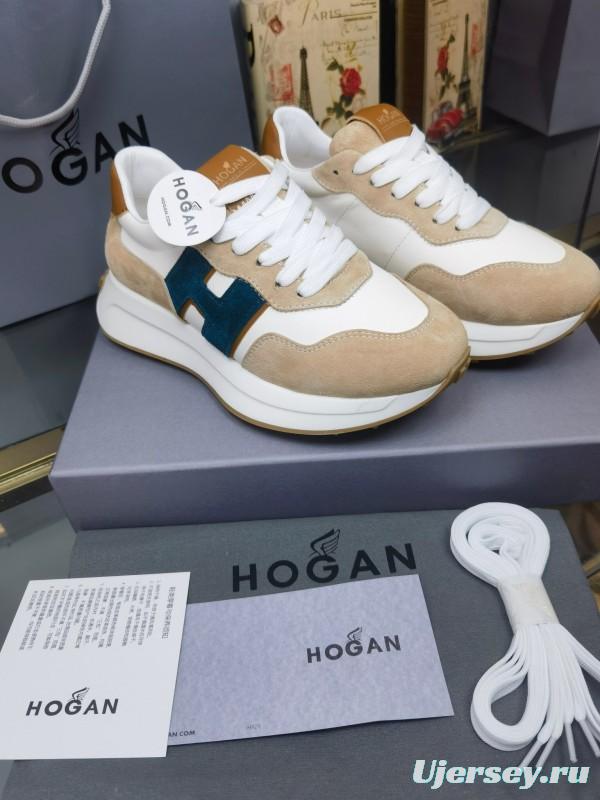 2025 Unisex HOGAN White Beige Blue Leather Suede Platform Sneakers H-STRIPES LY00360(F)/LY00370(M)