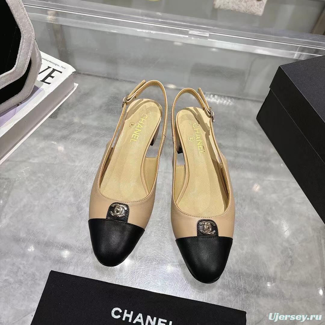 2025 Women Chanel Beige Black Leather Slingback Sandals LY00300