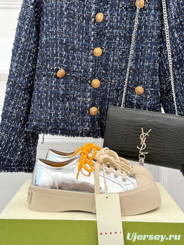 2025 Women Marni Silver Leather Thick Sole Retro Style Platform Sneakers LY00360(F)