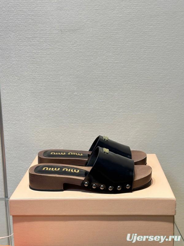 2025 Women Miu Miu Black Leather Slippers