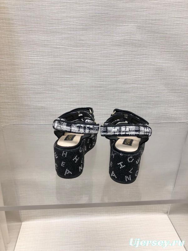 2025 Women Chanel Black White Fabric Platform Sandals LY00330