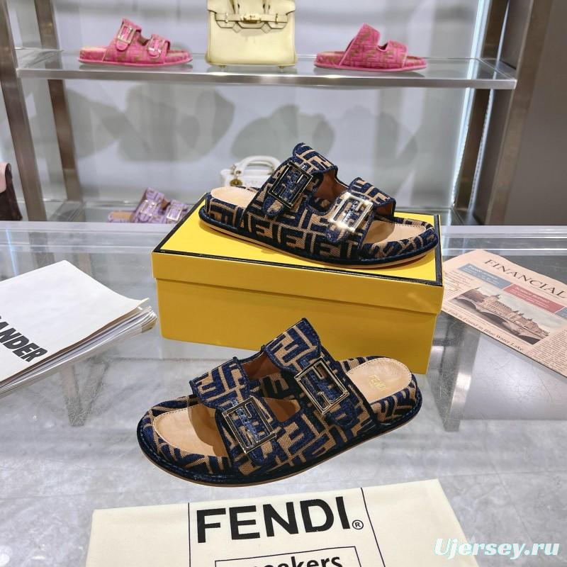 2025 Slippers Fendi Blue Brown Jacquard Buckle KFY00250