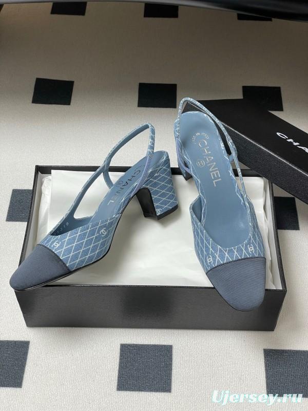 2025 Women Chanel Light Blue Denim Leather Sling-back Heels