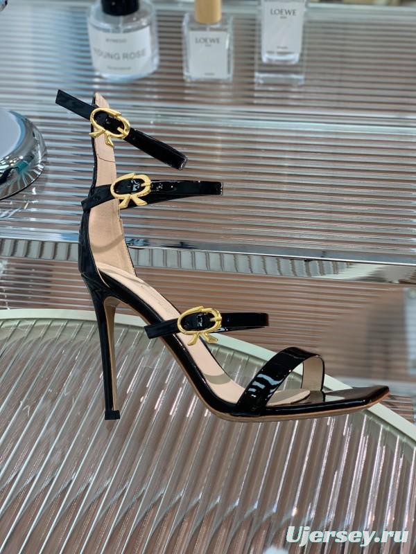 2025 Women Gianvito Rossi Black Patent Leather Strappy High Heel Sandals