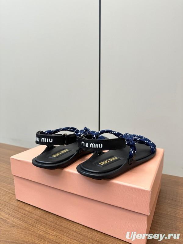 2025 Women Miu Miu Blue Black Leather Rope Sandals