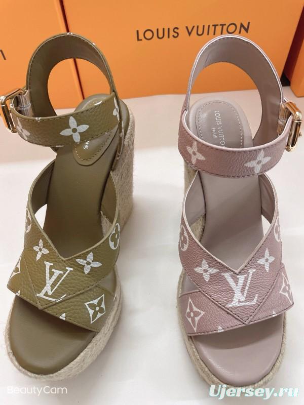 2025 Women Louis Vuitton Brown Beige Canvas Leather Wedge Sandals MJ00280