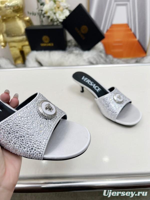 2025 Women VERSACE White Crystal Satin Mules