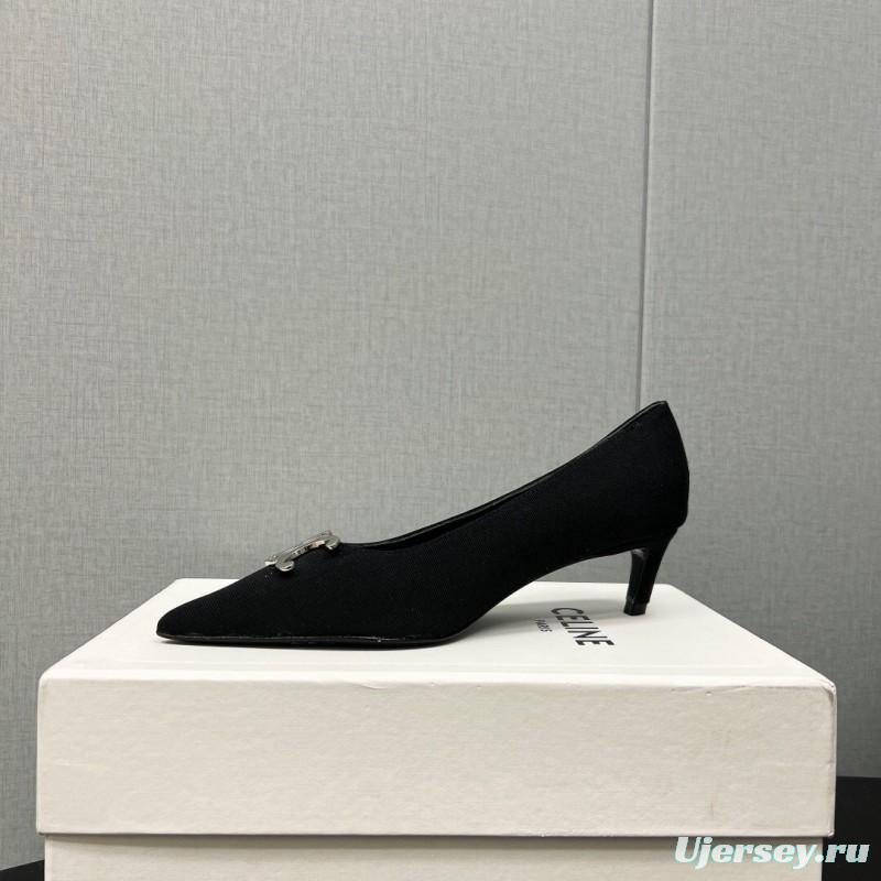2025 Women Celine Black Fabric Pointed Toe Metal Buckle Pumps