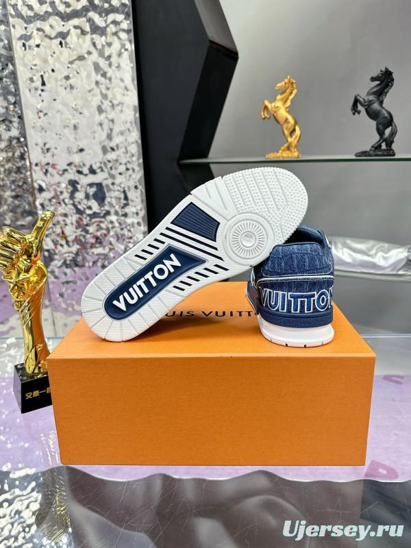 2024 Men Louis Vuitton Blue Denim Calfskin Silk Plimsolls Washed MJ00410