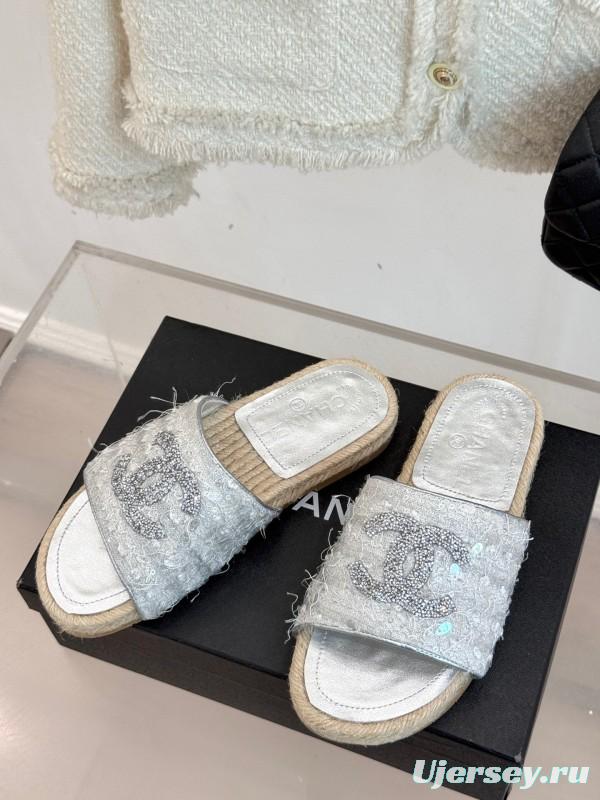 2025/Women Chanel White Lace Espadrille Slides Handmade Craft KFY00240(F)
