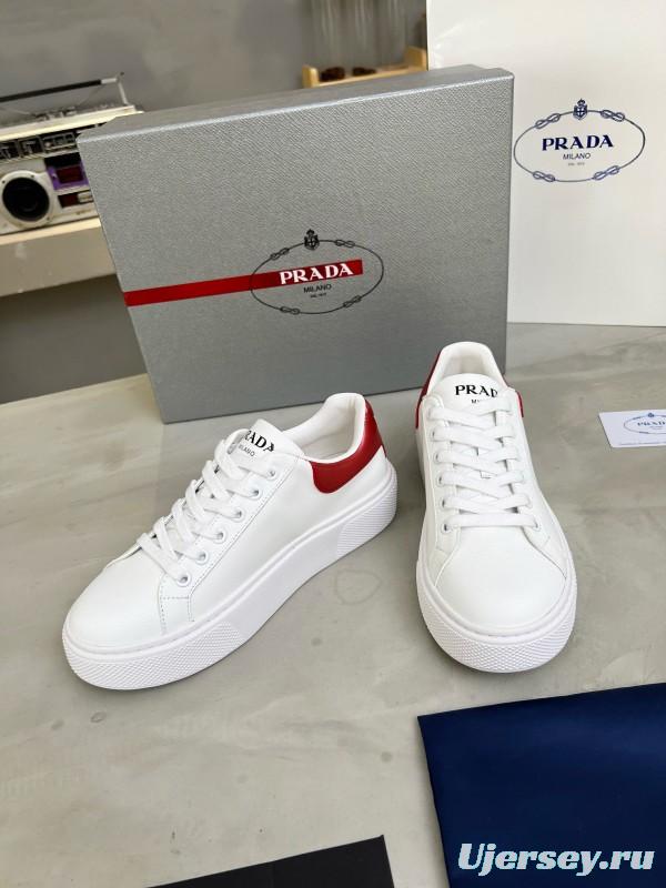 2024 Unisex Prada White Red Calfskin Silk Thick Sole Sneakers MJ00310