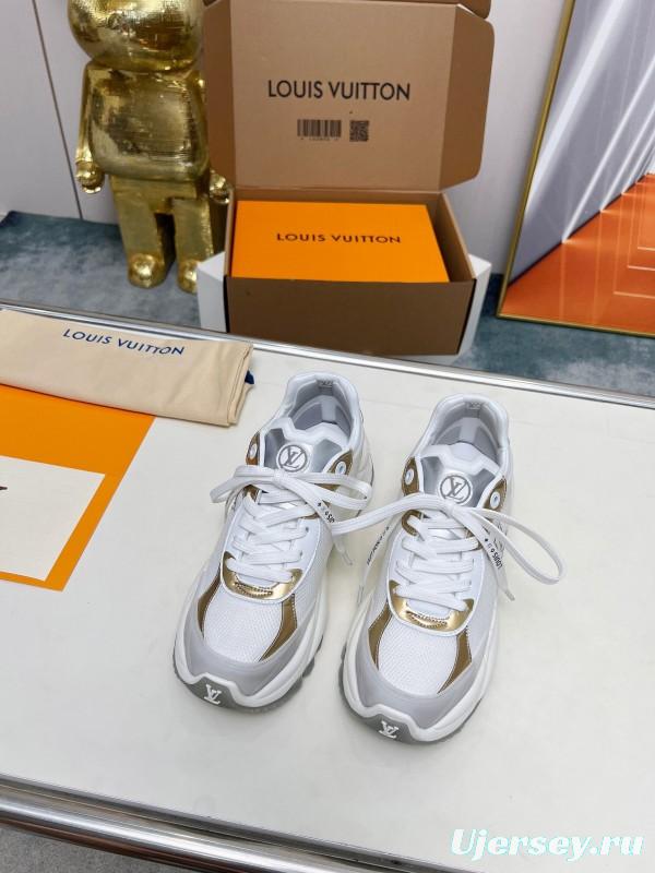 2025 Women Louis Vuitton White Gold Leather Mesh Sneakers LY00340