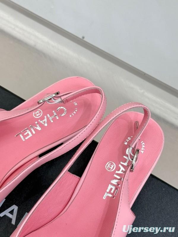 2025 Women Chanel Pink Black Leather Slingback Low Heel KFY00280