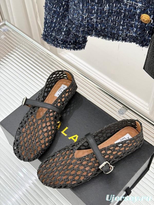 2025 Women AlAIA Black Leather Woven Mary Jane