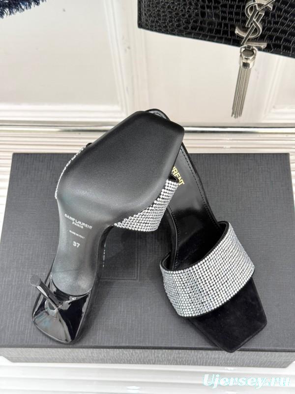 2025 Women Yves Saint Laurent Black Silver Crystal Leather Heeled Slippers LY00300