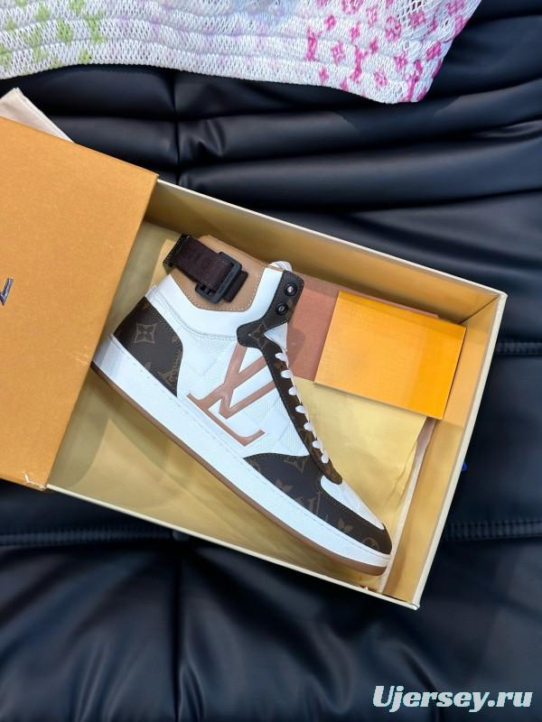 2024 Men Louis Vuitton White Brown Leather High Top Sneakers MJ00420