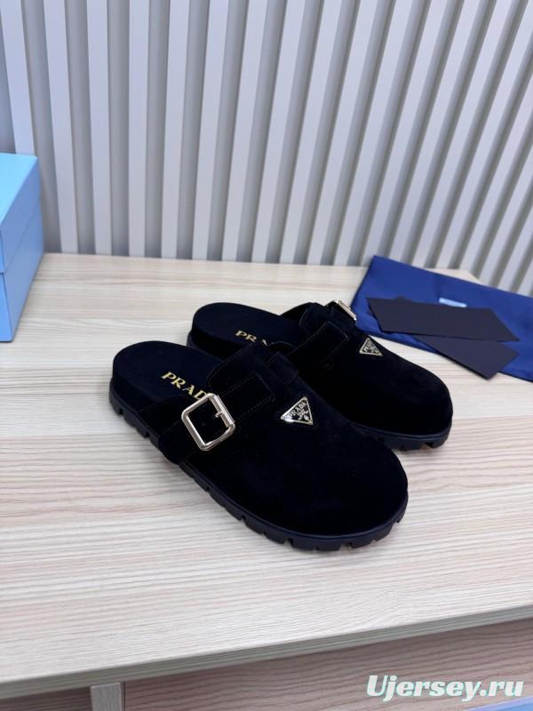 2025 Slippers Prada Black Suede Slippers LY00280