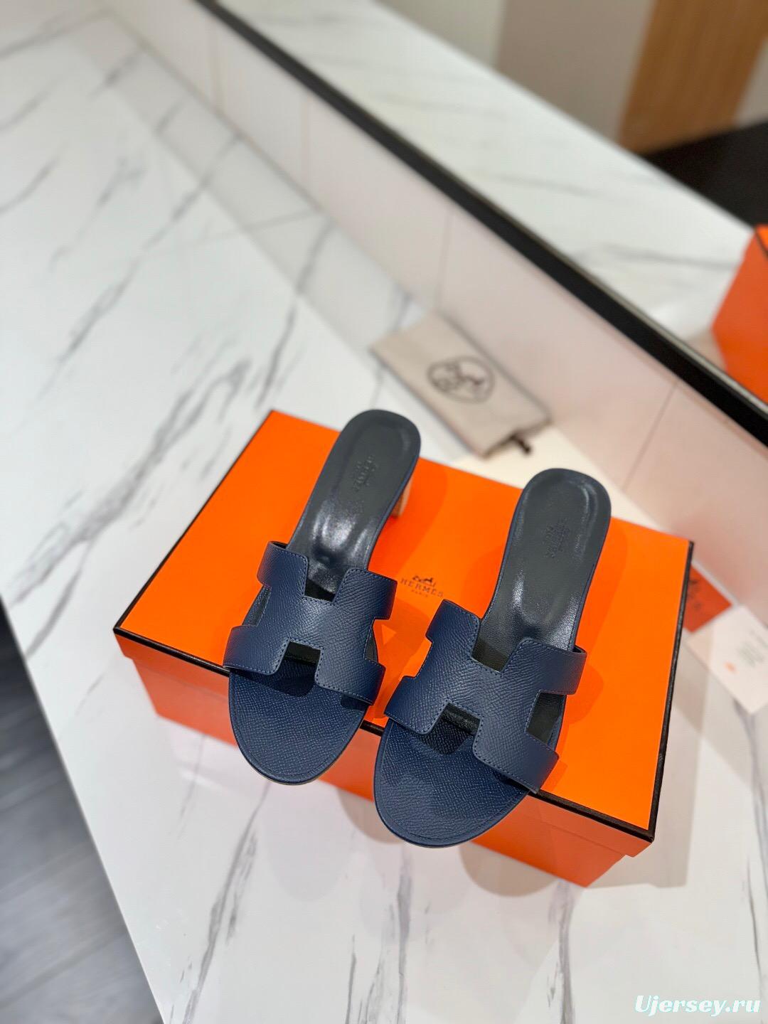 2025 Women Hermès Navy Leather Heeled Sandals