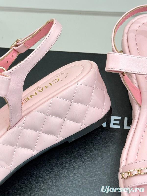 2025 Women Chanel Pink Lambskin Platform Sandals Chain Decoration