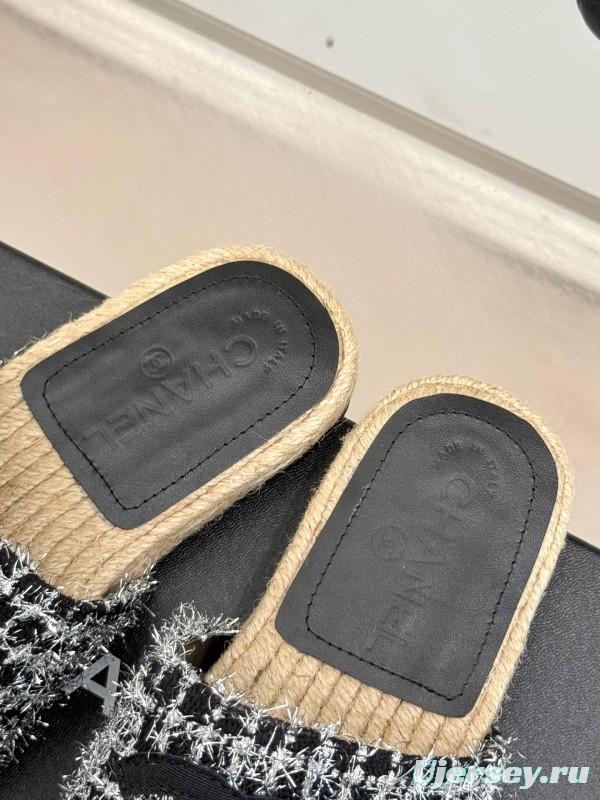 2025 Slippers Chanel Black White Tweed Espadrille Handcrafted KFY00230