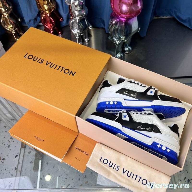 2025 Unisex Louis Vuitton Black White Blue Leather Plimsolls Stitching LV Trainer