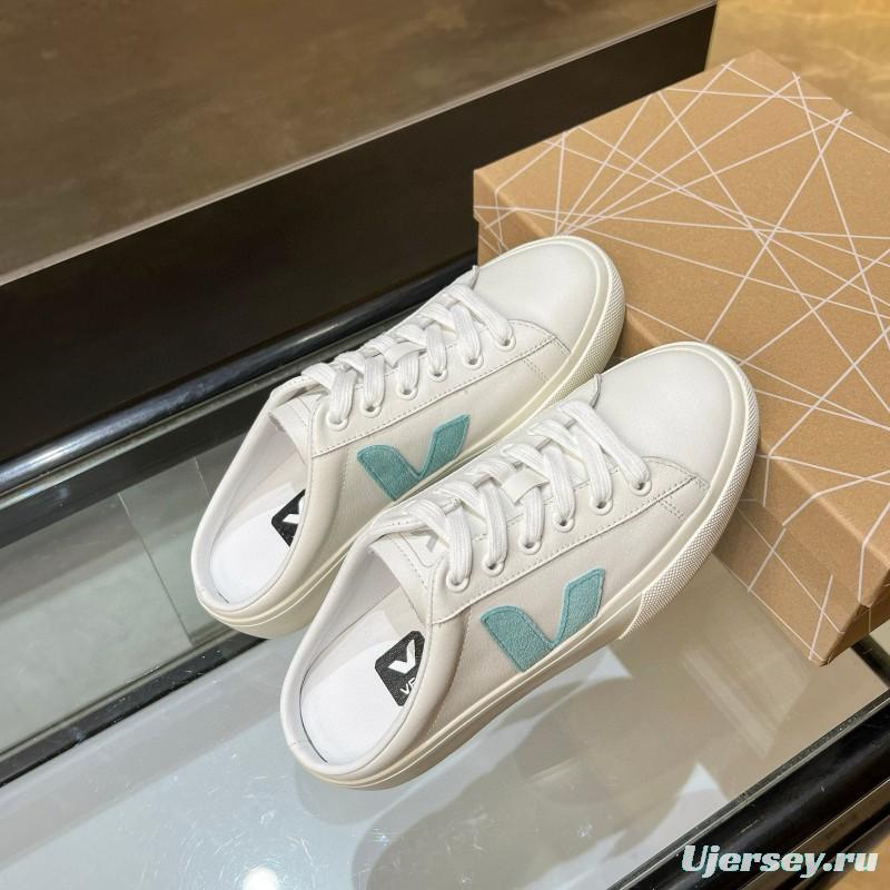 2025 VEJA White Blue Leather Canvas Slip-On Sneakers