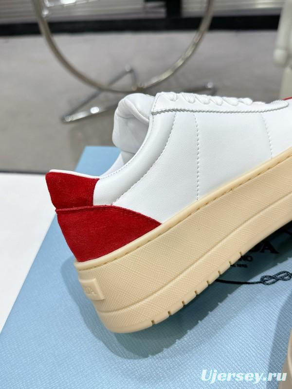 2025 Women Prada White Red Suede Leather Sneakers