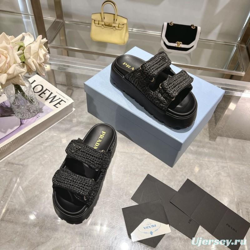 2025 Women Prada Black Woven Leather Sandals LY