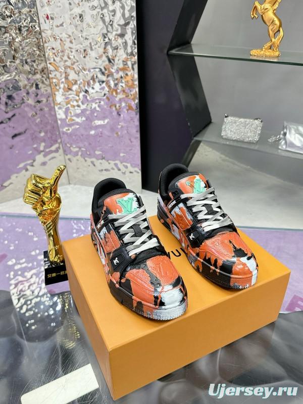 2024 Unisex Louis Vuitton Orange Black White Leather Denim Plimsolls Artist Hand-drawn MJ00780