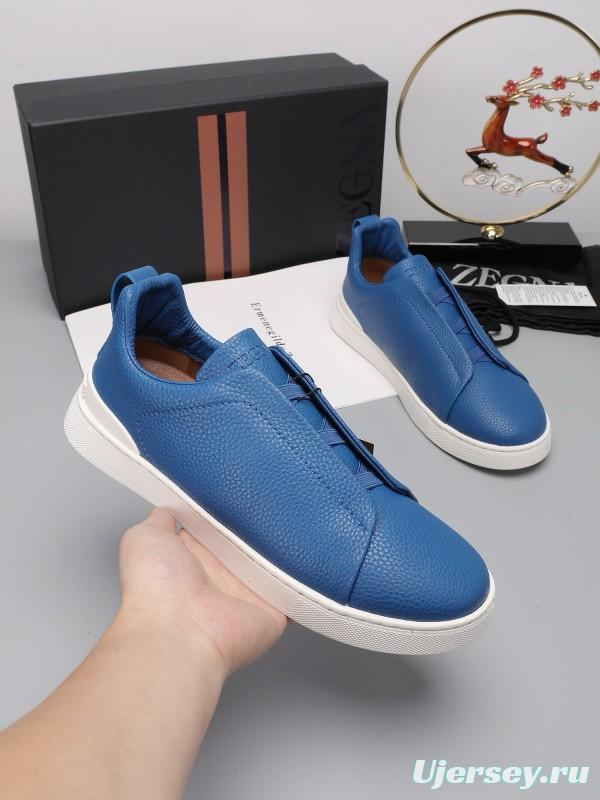 2024 Men Ermenegildo Zegna Blue Leather Low Top Sneakers MJ00240