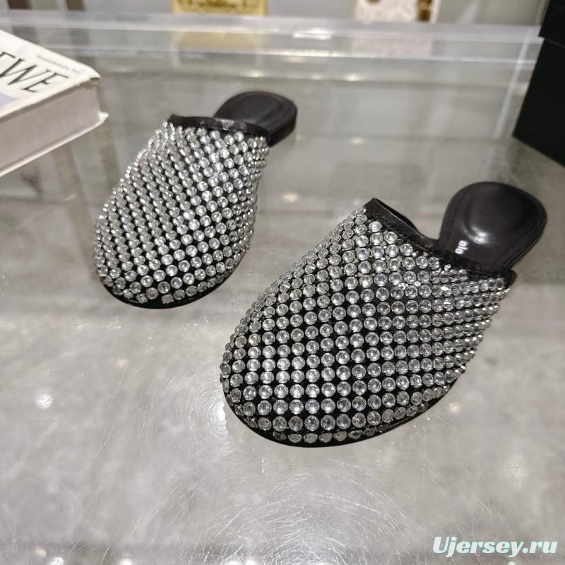 2025 Slippers Alexander Wang Black Crystal Mesh Leather Slippers LY00310