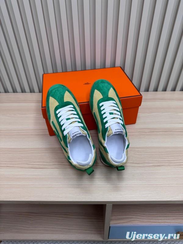2025 Unisex Hermès Green Beige Suede Down Fabric Sneakers Top Version KFY00300