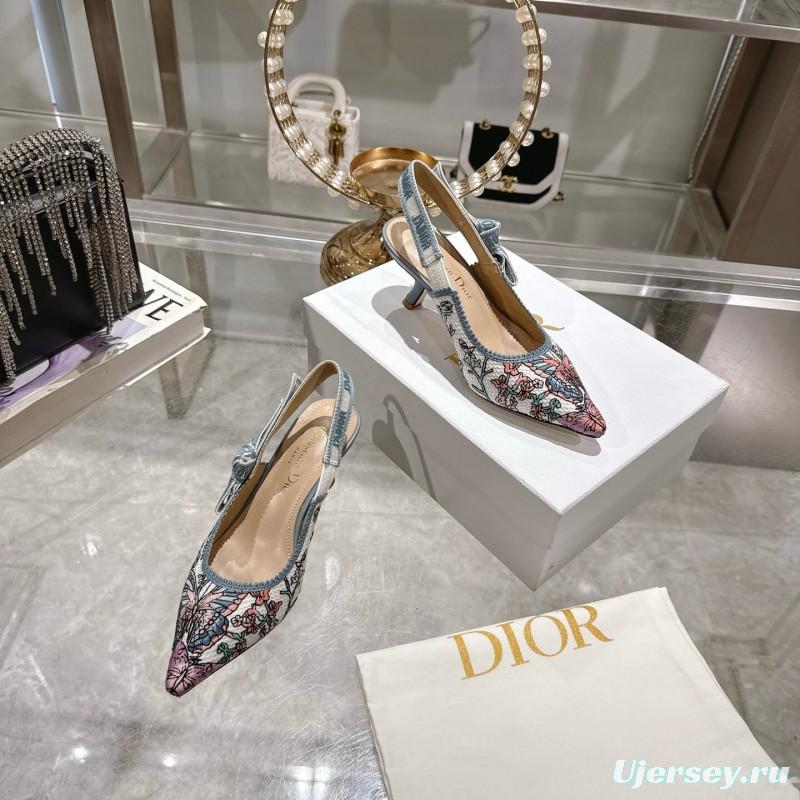 2025 Women Dior Blue Pink Embroidered Fabric Slingback Heels