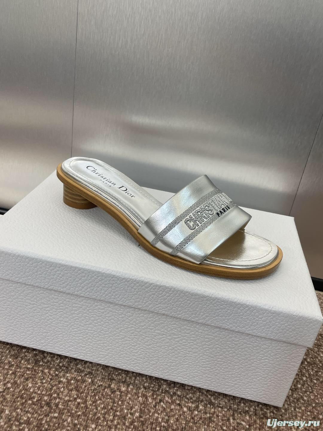 2025 Women Dior Silver Leather Slippers CD Logo KFY00300