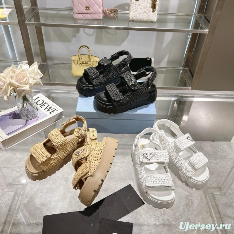 2025 Women Prada White Knitted Platform Sandals