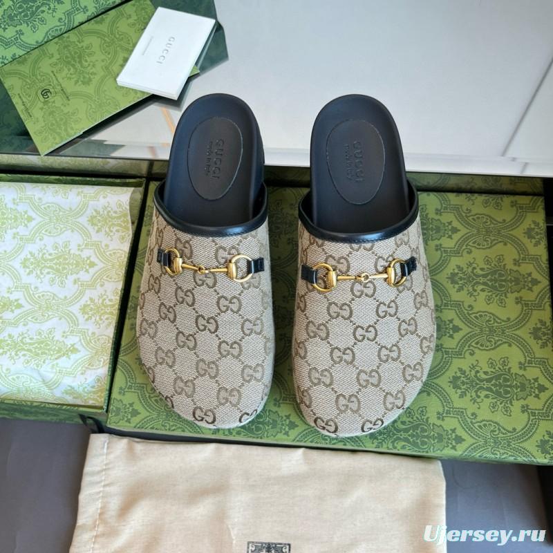 2024 Slippers Gucci Beige Brown Leather GG Pattern MJ00280