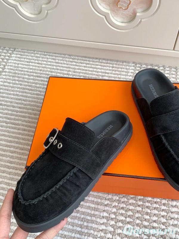 2025 Women Hermès Black Suede Mule Shoes Buckle KFY00290