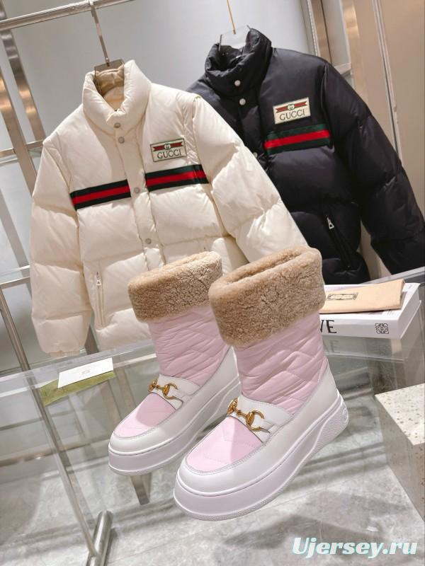 2024 Women Gucci Pink White Leather Shearling Snow Boots