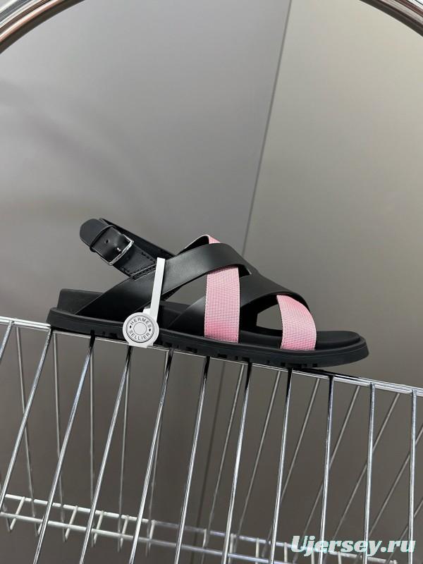 2025 Women Hermès Pink Black Leather Sandals