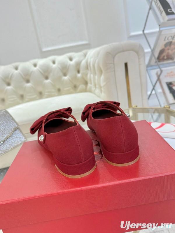 2025 Women Valentino Red Fabric Mary Jane Bow Flat LY00300