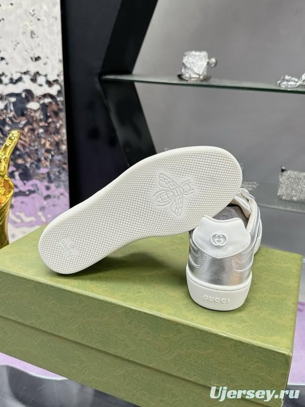 2024 Unisex Gucci Silver White Leather Suede Sneakers MJ00310